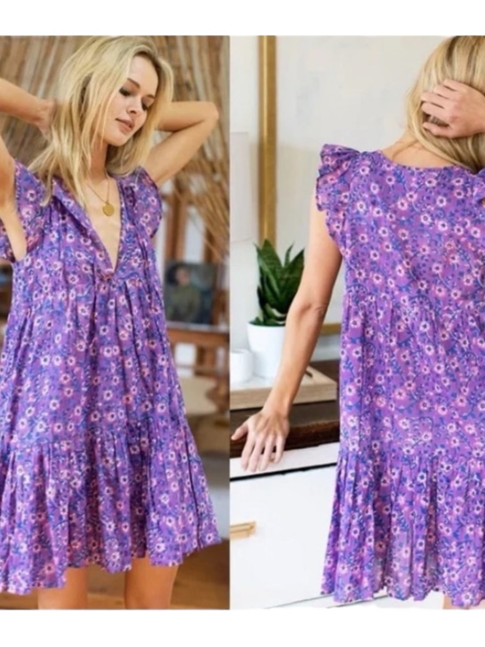 Emerson Fry India Collection Angel Dress M/L Violet Floral Organic Cotton Boho